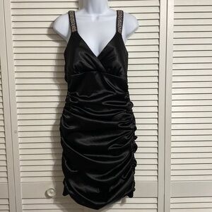 Studio Y Black Shiny Ruched Fit Dress Embellished Straps !